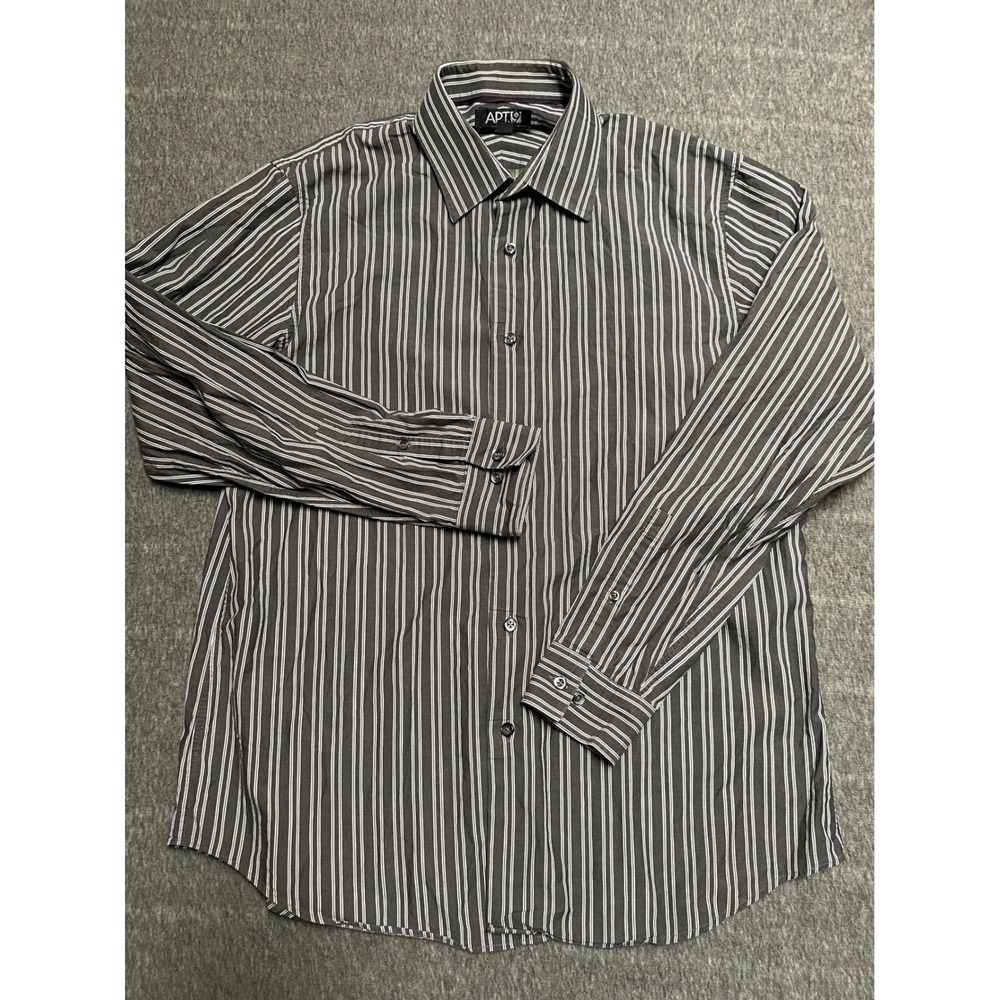 Apt. 9 Mens Large Gray White Striped Long Sleeve Button Down 100% Cotton Shirt